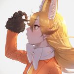 1girl adjusting_hair animal_ear_fluff animal_ears bangs black_gloves blazer blonde_hair bow commentary_request extra_ears ezo_red_fox_(kemono_friends) fox_ears from_side fur-trimmed_sleeves fur_trim gloves grey_background jacket kemono_friends long_hair long_sleeves looking_to_the_side orange_jacket parted_lips solo takami_masahiro white_neckwear wind yellow_eyes 