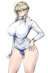  1girl ahoge artoria_pendragon_(all) artoria_pendragon_(lancer) bare_legs blonde_hair blush breasts cleavage fate/grand_order fate_(series) green_eyes hand_on_hip kumakichi_(cost-lost) large_breasts long_sleeves looking_at_viewer shirt sidelocks solo thighs tight_shirt 