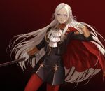  1girl aiguillette ashiwara_yuu bangs black_dress black_jacket breasts cape closed_mouth commentary cowboy_shot dress edelgard_von_hresvelg fire_emblem fire_emblem:_three_houses garreg_mach_monastery_uniform gloves gradient gradient_background hair_ribbon highres holding holding_weapon jacket lips long_hair looking_at_viewer pantyhose parted_bangs purple_eyes red_background red_cape red_legwear ribbon short_dress simple_background small_breasts solo straight_hair very_long_hair weapon white_gloves 