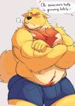  &lt;3 2020 anthro blush bottomwear bulge canid canine canis clothing domestic_dog english_text eyes_closed hi_res male mammal overweight overweight_male shorts solo text vitashi 