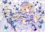  1girl bangs blue_butterfly blush bow center_frills choker collared_dress double_bun dress eyebrows_visible_through_hair frilled_gloves frilled_shirt_collar frills gloves hair_bow hair_ribbon lamp layered_dress long_hair marker_(medium) original puffy_short_sleeves puffy_sleeves purple_dress purple_eyes puu_(kari---ume) ribbon ribbon_choker short_sleeves solo traditional_media very_long_hair waist_bow white_gloves 