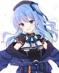 1girl ayamisiro belt beret black_choker blue_coat blue_eyes blue_hair blue_ribbon choker coat hat head_tilt highres hololive hoshimachi_suisei lace lace-trimmed_sleeves lace_choker lace_trim long_hair looking_at_viewer off-shoulder_coat open_clothes open_coat open_mouth ribbon side_ponytail simple_background smile solo upper_body wavy_hair white_background winter_clothes winter_coat 
