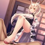  1boy 1girl absurdres arm_up armpits asisuki ayanami_(azur_lane) ayanami_(nightfall_raiment)_(azur_lane) azur_lane bare_shoulders barefoot black_dress blonde_hair breasts censored cleavage commentary_request cum detached_sleeves dress ejaculation footjob frilled_dress frills hair_ornament headgear highres indoors leg_belt long_hair long_sleeves looking_down male_pubic_hair mosaic_censoring ponytail pubic_hair puffy_sleeves red_eyes small_breasts solo_focus standing thighs 