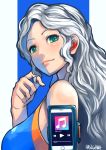  1girl blue_background blush breasts cellphone earphones from_side green_eyes hair_twirling hasegawa_(morebeer) highres large_breasts light_smile long_hair looking_at_viewer original outside_border phone signature sleeveless smartphone smile solo upper_body wavy_hair white_hair wireless_earphones 