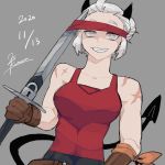 25_kimera alternate_costume black_horns blind breasts brown_gloves collarbone commentary_request dated demon_girl demon_horns demon_tail fang gloves grey_eyes grin helltaker highres holding holding_sword holding_weapon horns justice_(helltaker) large_breasts muscle red_blindfold red_shirt scar shirt short_hair signature sketch smile sword tail upper_body weapon white_hair 
