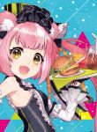  1girl :d animal_ears armpits bare_shoulders bear_ears black_dress blue_background breasts detached_sleeves dress fang food from_behind green_eyes hamburger hand_up hat holding holding_tray long_sleeves looking_at_viewer looking_back mika_pikazo multicolored_hair open_mouth original pink_hair pink_pupils short_hair skin_fang small_breasts smile solo streaked_hair tray 