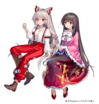  2girls ainy arm_belt bamboo_print bangs black_hair boots bow bowtie brown_eyes brown_footwear choko_(cup) cup drunk eyebrows_visible_through_hair frilled_sleeves frills fujiwara_no_mokou full_body hair_bow holding holding_cup houraisan_kaguya invisible_chair long_hair long_sleeves multiple_girls ofuda open_mouth pants pink_shirt red_eyes red_footwear red_pants red_skirt shirt silver_hair simple_background sitting skirt slippers suspenders tokkuri touhou v-shaped_eyebrows very_long_hair white_background white_bow white_neckwear wide_sleeves 