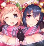  2girls :d argyle bell blonde_hair blue_dress blue_eyes blue_hair blush breasts brown_gloves cleavage closed_mouth dress fingerless_gloves flower gloves hairband half_gloves hand_up highres jingle_bell looking_at_viewer mika_pikazo multiple_girls one_eye_closed open_mouth original own_hands_together pink_dress pink_eyes red_flower round_teeth smile teeth upper_teeth 