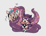  2girls animal_ears blonde_hair chibi closed_eyes fox_ears grey_background halo highres holding_person hololive hololive_english mayana_(bbpp) multiple_girls ninomae_ina&#039;nis omaru_polka open_hands open_mouth purple_eyes purple_hair spiral_eyes tentacles virtual_youtuber 