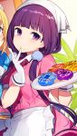  2girls apron blend_s closed_mouth doughnut dress food food_on_face gloves hand_up head_scarf highres hinata_kaho holding holding_tray long_hair looking_at_viewer low_twintails mika_pikazo multiple_girls out_of_frame pink_dress purple_eyes purple_hair sakuranomiya_maika short_sleeves solo_focus standing tray twintails very_long_hair waist_apron white_apron white_gloves 