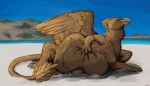  abdominal_bulge avian beach beak belly_tuft claws detailed_background erganyfox feral fluffy fluffy_wings gryphon hand_on_stomach looking_at_viewer lying male mythological_avian mythology oral_vore paws rukuno seaside solo stomach tuft vore wings 