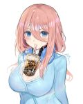  1girl absurdres arms_behind_back blue_eyes breasts bubble_tea bubble_tea_challenge drinking_straw go-toubun_no_hanayome headphones headphones_around_neck highres large_breasts looking_to_the_side najjo nakano_miku red_hair solo 