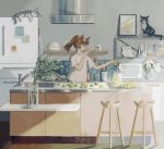  1girl animal_ears cat eokaku_surimi highres kitchen original plant ponytail refrigerator shirt short_sleeves solo tagme vase white_shirt 