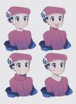  1boy :d :o black_hair blush closed_mouth commentary_request grey_eyes hat highres lucas_(pokemon) male_focus multiple_views open_mouth oshi_taberu pokemon pokemon_(game) pokemon_dppt red_headwear smile tongue turtleneck upper_body v-neck 