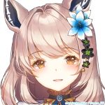  1girl animal_ears blue_flower brown_eyes brown_hair english_commentary eunhasu euphemia_chevalier flower fox_ears hair_flower hair_ornament indie_virtual_youtuber looking_at_viewer open_mouth second-party_source solo virtual_youtuber white_background 