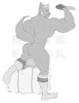  anthro back_muscles balls beard biceps big_balls bubble_butt butt canid canine clothing facial_hair fingerless_gloves footwear genitals gloves hair handwear holding_knife huge_balls knee_highs knee_socks knife legwear male mammal monochrome mostly_nude muscular muscular_anthro muscular_male muskflask quads raised_tail rear_view simple_background socks solo standing three-quarter_view triceps 