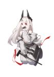  1girl arknights bangs bare_shoulders black_gloves commentary gloves hand_up horns long_hair long_sleeves looking_at_viewer mudrock_(arknights) oripathy_lesion_(arknights) owenhiruno red_eyes silver_hair simple_background solo white_background 