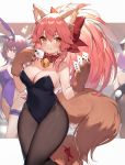  3girls animal_ears bell black_legwear black_leotard bow bowtie breasts bunny_ears bunny_tail card collar cowboy_shot detached_collar fate/extra fate/grand_order fate_(series) fishnet_legwear fishnets fox_ears fox_girl fox_tail gloves highres jingle_bell leotard long_hair mash_kyrielight medium_breasts multiple_girls muryotaro orange_eyes pantyhose paw_gloves paws piercing_bunny pink_hair playboy_bunny playboy_bunny_leotard playing_card purple_hair purple_leotard purple_neckwear red_eyes scathach_(fate)_(all) scathach_(fate/grand_order) solo_focus tail tamamo_(fate)_(all) tamamo_cat_(fate) wrist_cuffs 