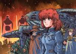  1girl 3boys animal bangs beard blue_eyes brown_hair character_request city facial_hair fire highres kaze_no_tani_no_nausicaa looking_ahead multiple_boys mustache nausicaa red_hair teto yumeno_rei 