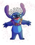  4_fingers 4_toes absurd_res alien anthro blue_body blue_fur blue_nose blue_pawpads chest_tuft claws disney experiment_(lilo_and_stitch) eyebrows fingers flower fur hawaiian_text hi_res lilo_and_stitch male open_mouth open_smile pawpads plant semi-anthro sharp_teeth shorestar smile standing stitch_(lilo_and_stitch) teeth text toe_claws toes tuft 