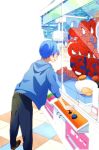  1boy arcade blue_hair character_doll crane_game hood hoodie kiritani koron_(niconico) leaning_forward male_focus niconico solo spider-man standing strawberry_prince stuffed_animal stuffed_penguin stuffed_toy toy utaite_(singer) 