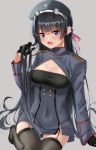  1girl absurdres alternate_costume ash_arms black_hair black_legwear blush breasts cleavage commentary_request grey_background hat highres ia_1928 long_hair medium_breasts military military_uniform nijisanji open_mouth simple_background solo thighhighs tsukino_mito uniform virtual_youtuber 