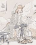  1girl animal_ears bed cat_ears closed_eyes cup dated eokaku_surimi grey_hoodie grey_legwear highres hood hoodie original pants signature slippers socks solo 