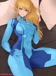  1girl bangs bed blue_bodysuit blue_eyes bodysuit breasts covered_navel eyebrows_visible_through_hair from_above hair_between_eyes hand_on_hip hand_on_own_chest high_ponytail highres kisou_(kisou00) large_breasts long_hair looking_at_viewer lying metroid mole mole_under_mouth on_back pillow samus_aran sidelocks skin_tight smile swept_bangs thick_thighs thighs zero_suit 