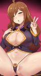  1girl ahoge anus_peek ass bangs blush breasts brown_eyes brown_hair cameltoe center_opening cleavage collarbone commentary_request covered_nipples female_pubic_hair gradient gradient_background half-closed_eyes hand_on_own_chest highres kono_subarashii_sekai_ni_shukufuku_wo! large_breasts long_hair long_sleeves looking_at_viewer micro_panties navel nt00 open_mouth panties pink_background pubic_hair pussy_peek robe sitting solo spread_legs stomach thighs underwear v wiz_(konosuba) 