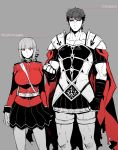  1boy 1girl armor between_breasts black_sclera black_skirt breasts caligula_(fate/grand_order) cape fate/grand_order fate_(series) florence_nightingale_(fate/grand_order) height_difference koshiro_itsuki limited_palette long_hair muscle partially_colored red_cape red_eyes roman_clothes short_hair skirt strap_between_breasts 