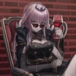  1girl absurdres alcohol breasts cleavage close-up cup drinking_glass highres holding holding_cup hololive hololive_english looking_to_the_side medium_breasts mori_calliope pink_eyes pink_hair sitting solo sunglasses suru_(suru65698422) virtual_youtuber wine wine_glass 