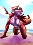  absurd_res anthro beach big_breasts bikini breasts clothing day erection fish genitals gynomorph han_moz hi_res intersex looking_at_viewer low-angle_view marine nipple_slip outside penis sea seaside shark sling_bikini solo swimwear towel water wide_hips 