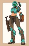 1girl arm_blade armor armored_boots battle_rifle beige_border boots breastplate commentary company_connection crash_(quake) crossover crotch_plate doom_(series) doom_eternal english_commentary full_body gauntlets green-tinted_eyewear gun helmet highres holding holding_gun holding_weapon justrube long_legs midriff navel outside_border pouch quake_3_arena rifle science_fiction shoulder_cannon solo toned visor weapon what_if white_background 