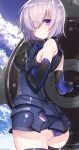  1girl arm_guards armor armored_dress artist_name ass black_dress black_gloves black_legwear blue_sky blush breasts closed_eyes closed_mouth cloud cowboy_shot day dress elbow_gloves eyebrows eyebrows_visible_through_hair fate/grand_order fate_(series) from_behind gloves hand_on_own_chest highres holding large_breasts looking_at_viewer looking_back mash_kyrielight mika_pikazo panties pink_hair purple_panties shield short_hair skindentation sky smile solo standing thighhighs underwear 