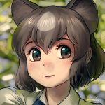  1girl animal_ears bear_ears bear_girl blue_neckwear blush bow bowtie brown_bear_(kemono_friends) brown_eyes brown_hair close-up collared_shirt commentary_request extra_ears eyebrows_visible_through_hair kemono_friends looking_at_viewer shirt short_hair solo welt_(kinsei_koutenkyoku) white_shirt 