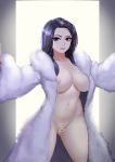  1girl absurdres areola_slip areolae blue_eyes breasts censored character_censor coat dark_blue_hair highres hiroshi_(beolcoyote) invincible_dragon last_origin long_hair looking_at_viewer magical_momo naked_coat naked_fur_coat nipples novelty_censor nude smile solo 