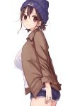  1girl absurdres beanie blue_headwear bra breasts brown_hair brown_jacket closed_mouth cowboy_shot flying_sweatdrops from_side glint hat highres huge_breasts jacket jewelry long_sleeves looking_at_viewer looking_to_the_side niizuma-chan oku-sama_wa_niizuma-chan open_clothes open_jacket ponytail purple_shorts red_eyes ring rucchiifu see-through_shirt shirt short_shorts shorts simple_background smile solo thumbs_in_pockets underwear wedding_band white_background white_shirt 