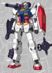  absurdres chinese_commentary clenched_hand eglt green_eyes gun gundam highres holding holding_gun holding_weapon looking_ahead mecha mobile_suit_gundam no_humans redesign rx-78-2 shoulder_cannon solo standing visor weapon zoom_layer 