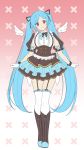  .live 1girl alternate_costume alternate_hairstyle blue_hair boots breasts commentary_request frilled_skirt frills full_body garter_belt gloves highres looking_at_viewer memekichi red_eyes simple_background skirt smile standing thighhighs white_background wings yamato_iori 
