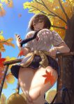  1girl ahoge autumn_leaves azur_lane bag baltimore_(after-school_ace)_(azur_lane) baltimore_(azur_lane) bangs beige_cardigan black_neckwear black_skirt blue_sky blurry_foreground braid breasts brown_hair button_gap buttons cardigan cardigan_around_waist cellphone cleavage clothes_around_waist collared_shirt commentary_request cowboy_shot dappled_sunlight day eyebrows_visible_through_hair falling_leaves french_braid from_below hair_between_eyes highres holding holding_phone large_breasts leaf leaning_on_rail looking_at_viewer loose_necktie maku_ro manjuu_(azur_lane) necktie open_mouth phone pleated_skirt railing school_bag school_uniform shirt shirt_tucked_in short_hair short_sleeves sidelocks skirt sky smartphone solo standing sunlight thick_thighs thighs tree upper_teeth white_shirt yellow_eyes 
