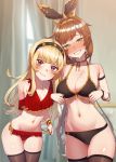  2girls bangs bare_shoulders bikini blonde_hair blush breasts cagliostro_(granblue_fantasy) clarisse_(granblue_fantasy) cleavage collarbone granblue_fantasy green_eyes hairband highres large_breasts long_hair looking_at_viewer multiple_girls navel orange_hair ponytail purple_eyes scarlettear33 small_breasts smile sweat swimsuit thighs 