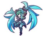  chibi commentary fei-yen floating fusion hatsune_miku mecha no_humans open_hands solo taedu twintails virtual_on visor vocaloid white_background 