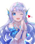  1girl blue_eyes doris_(hololive) head_fins hololive hololive_china long_hair looking_at_viewer open_mouth smile solo virtual_youtuber wawazi white_background 