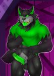  5_fingers anthro ball_tuft balls black_balls black_body black_fur bodily_fluids bottomless canid canine canis claws clothed clothing clothing_lift danny_phantom drooling fingers fur genitals green_claws green_clothing green_eyes green_penis green_tongue green_topwear hi_res hoodie humanoid_genitalia humanoid_penis male mammal muscular muscular_anthro muscular_male nickelodeon open_mouth penis presenting presenting_penis pubes saliva sharp_teeth solo teeth tongue tongue_out topwear tuft wolf wolfybuns wulf_(danny_phantom) 
