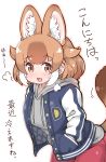  1girl alternate_costume animal_ears blue_jacket blush breath brown_eyes casual commentary_request cowboy_shot dhole_(kemono_friends) dog_ears dog_girl dog_tail drawstring extra_ears eyebrows_visible_through_hair grey_hoodie hands_in_pockets highres hood hood_down hoodie jacket kemono_friends light_brown_hair long_sleeves multicolored_hair open_clothes open_jacket pink_legwear solo striped_sleeves tail tanaka_kusao translation_request white_hair 