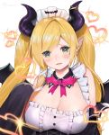  1girl absurdres blonde_hair breasts cleavage demon_girl fang green_eyes highres hololive horns large_breasts maid_headdress najjo open_mouth pointy_ears solo two_side_up virtual_youtuber white_background yuzuki_choco 