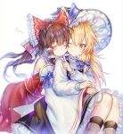  2girls absurdres black_headwear blonde_hair blue_ribbon bow closed_eyes detached_sleeves eyebrows_visible_through_hair hair_between_eyes hair_bow hair_ribbon hair_tubes hakurei_reimu hat here_(hr_rz_ggg) highres hug hug_from_behind kirisame_marisa long_hair long_sleeves multiple_girls one_eye_closed ponytail red_bow red_skirt ribbon simple_background sitting skirt smile touhou white_background wide_sleeves witch_hat 