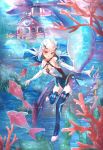  1girl absurdres barefoot blush coral detached_leggings detached_sleeves dolphin fish floating freediving highres kanechitomoyo laurels long_hair magia_record:_mahou_shoujo_madoka_magica_gaiden mahou_shoujo_madoka_magica mannenzakura_no_uwasa ocean_bottom purple_eyes swimming toeless_legwear underwater underwater_house white_hair 