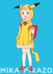  1girl artist_name backpack bag blue_background blush dress highres hood hood_up hooded_dress long_hair long_sleeves looking_at_viewer mika_pikazo neck_ribbon open_mouth original pink_hair randoseru red_bag red_eyes red_footwear ribbon shoes simple_background socks solo standing white_legwear yellow_dress 