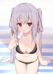  1girl :o arm_support bare_arms bare_shoulders bikini black_bikini blanket blush breasts brown_eyes cleavage collarbone commentary_request food food_on_breasts hair_ribbon hand_up highres holding holding_food ice_cream long_hair looking_at_viewer medium_breasts memekko navel original parted_lips red_ribbon ribbon silver_hair solo striped swimsuit twintails very_long_hair 